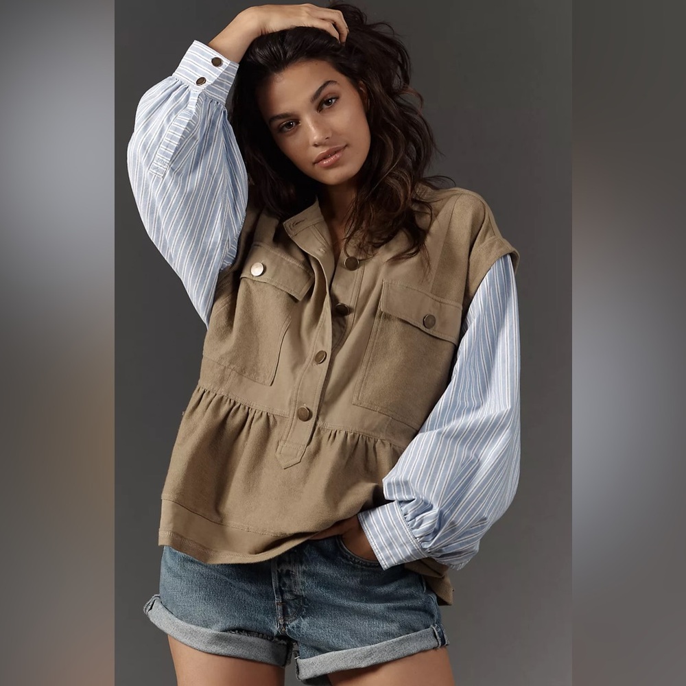 Anthropologie Tan Utility Jacket with Blue Striped Sleeves